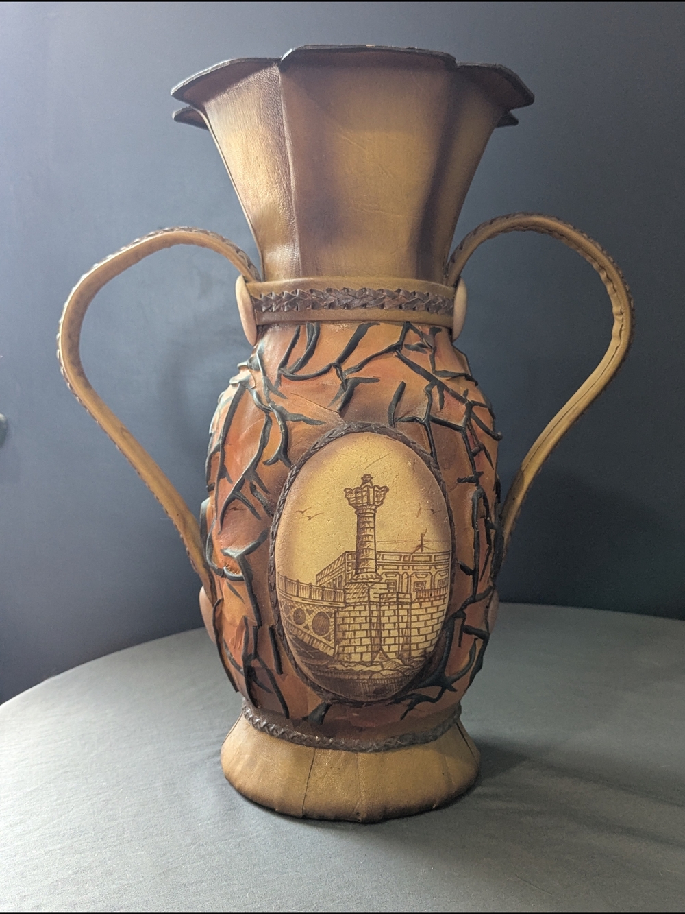 Vintage Handmade Leather Vase Mid Century Folk Art Rustic Mediterranean